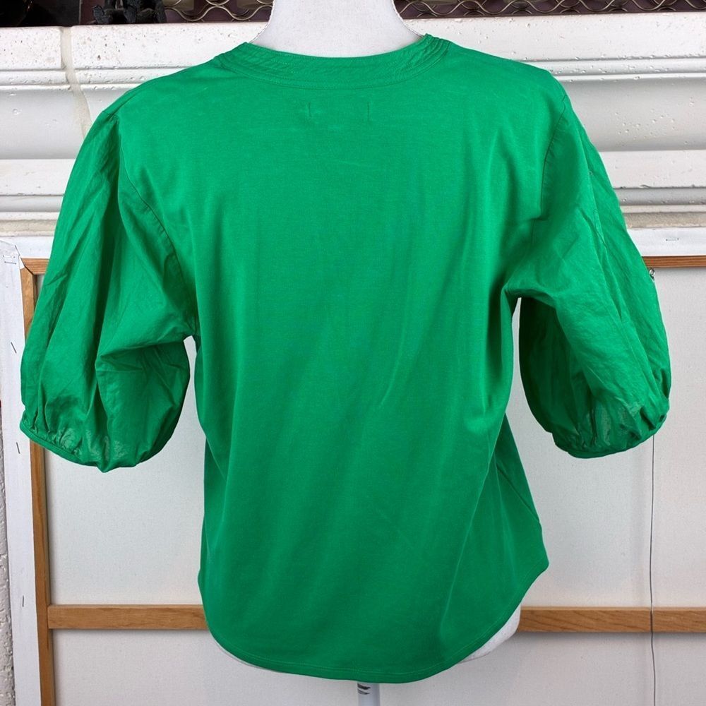 Whimsical Green Button-Front Puff Sleeve Top w/Henley buttons sleeves poplin🍀 - Picture 8 of 8